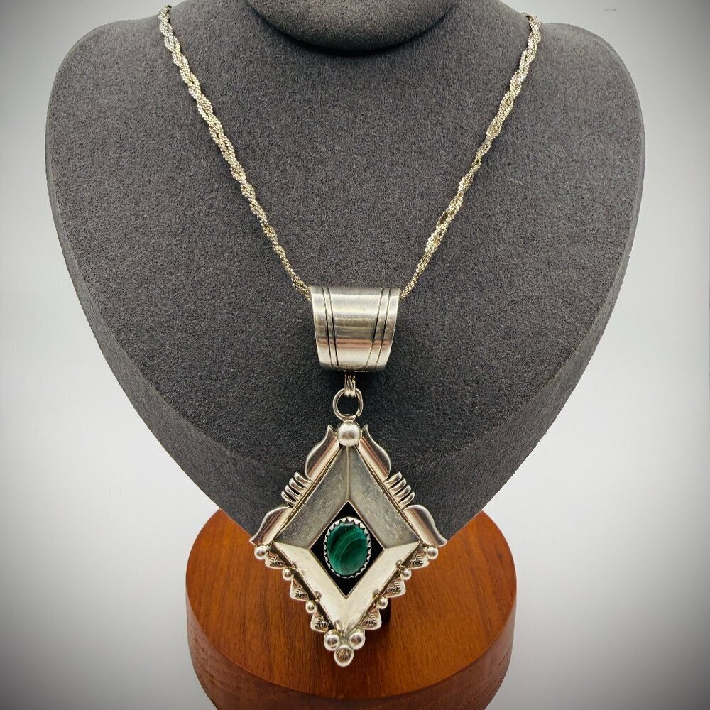 Sterling Malachite Pendant • Artist-Stamped “M L” • 2.75" • Pendant Only